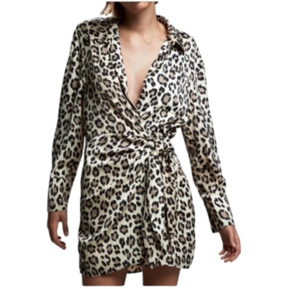 ZARA NWT  Animal Print Wrap Mini Dress S | Long Sleeve‎ Leopard Trendy NWT